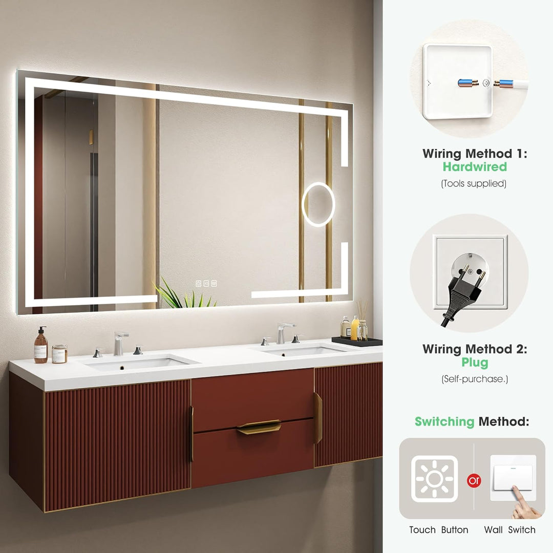 S'bagno Badspiegel-mit-Beleuchtung 100x70cm, Led-Badezimmerspiegel-mit-Licht, 5X Vergrösserungsglas,