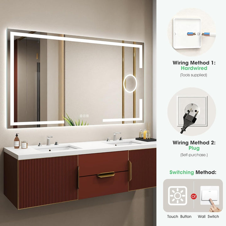 S'bagno Badspiegel-mit-Beleuchtung 100x70cm, Led-Badezimmerspiegel-mit-Licht, 5X Vergrösserungsglas,