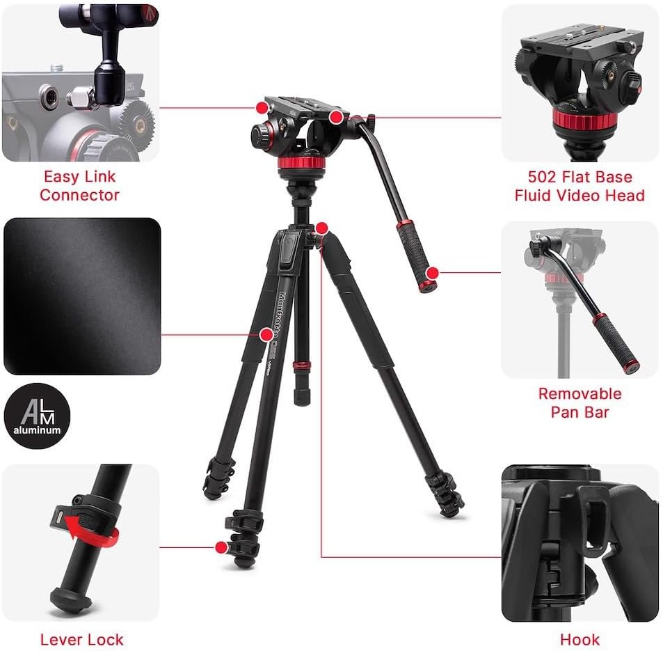 Manfrotto 055 Video-Stativ mit 502 Video-Fluid-Kopf, Aluminium, professionelles Schwerlast-Stativsys