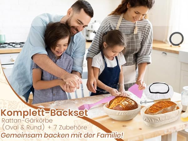 2er-Set Gärkorb Set, Gärkörbchen Rund 23cm & Oval 25cm, Gärfolie für Brot, Bäckermesser, Teigschaber