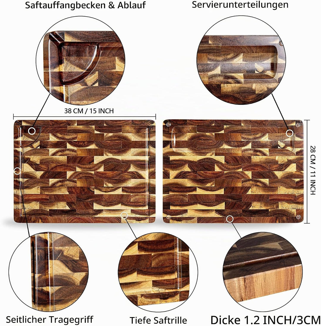 Schneidebrett Holz aus Akazienholz, TJ POP Holzschneidebrett Gross 38 x 28 x 3cm, Premium Küchenschn