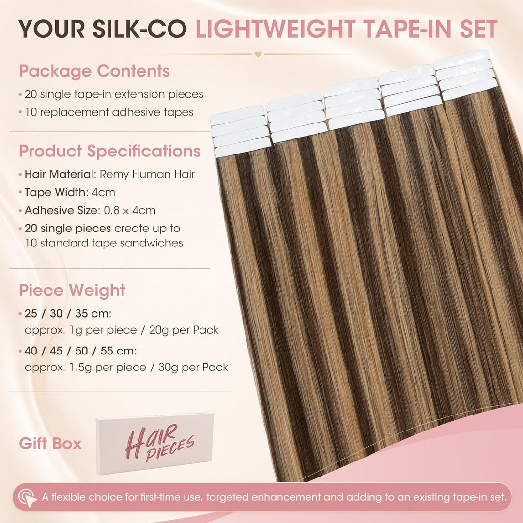 Silk-co Tape Extensions Echthaar 30g, leicht Version Tape in Extensions Echthaar 20pcs, Remy Invisib