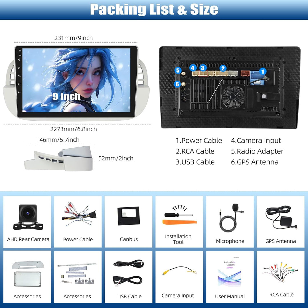 CAMECHO 8-Kern 4+64G Android 15 Autoradio für FIAT 500 2007-2015 mit DSP, 9 Zoll Qualcomm HD IPS Rad