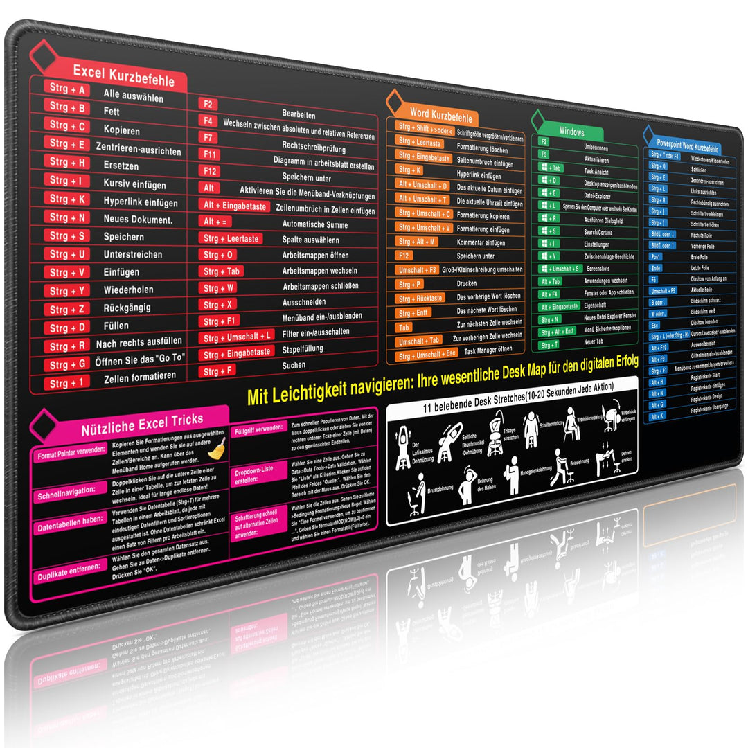 Mauspad XXL, Excel Shortcuts Mousepad Deutsch 900 x 400mm für Office, Word PPT Windows Mauspad gross