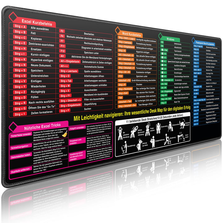 Mauspad XXL, Excel Shortcuts Mousepad Deutsch 900 x 400mm für Office, Word PPT Windows Mauspad gross