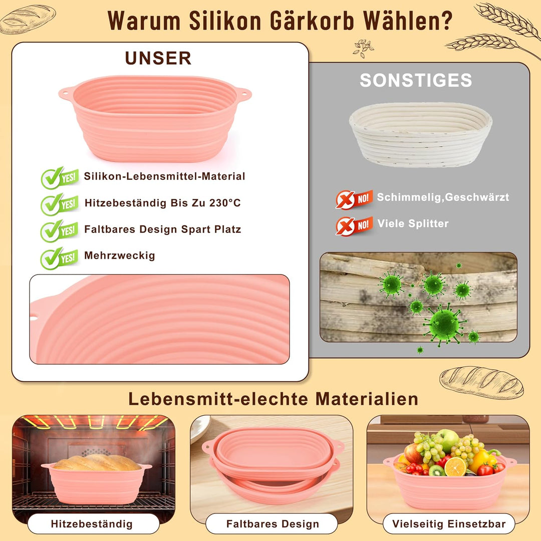 Charmofun Gärkörbchen Sauerteig Starter Set, Gärkorb Brot mit 2 Silikon Gärkorb Oval und Rund, Kompl
