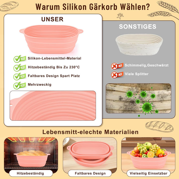 Charmofun Gärkörbchen Sauerteig Starter Set, Gärkorb Brot mit 2 Silikon Gärkorb Oval und Rund, Kompl