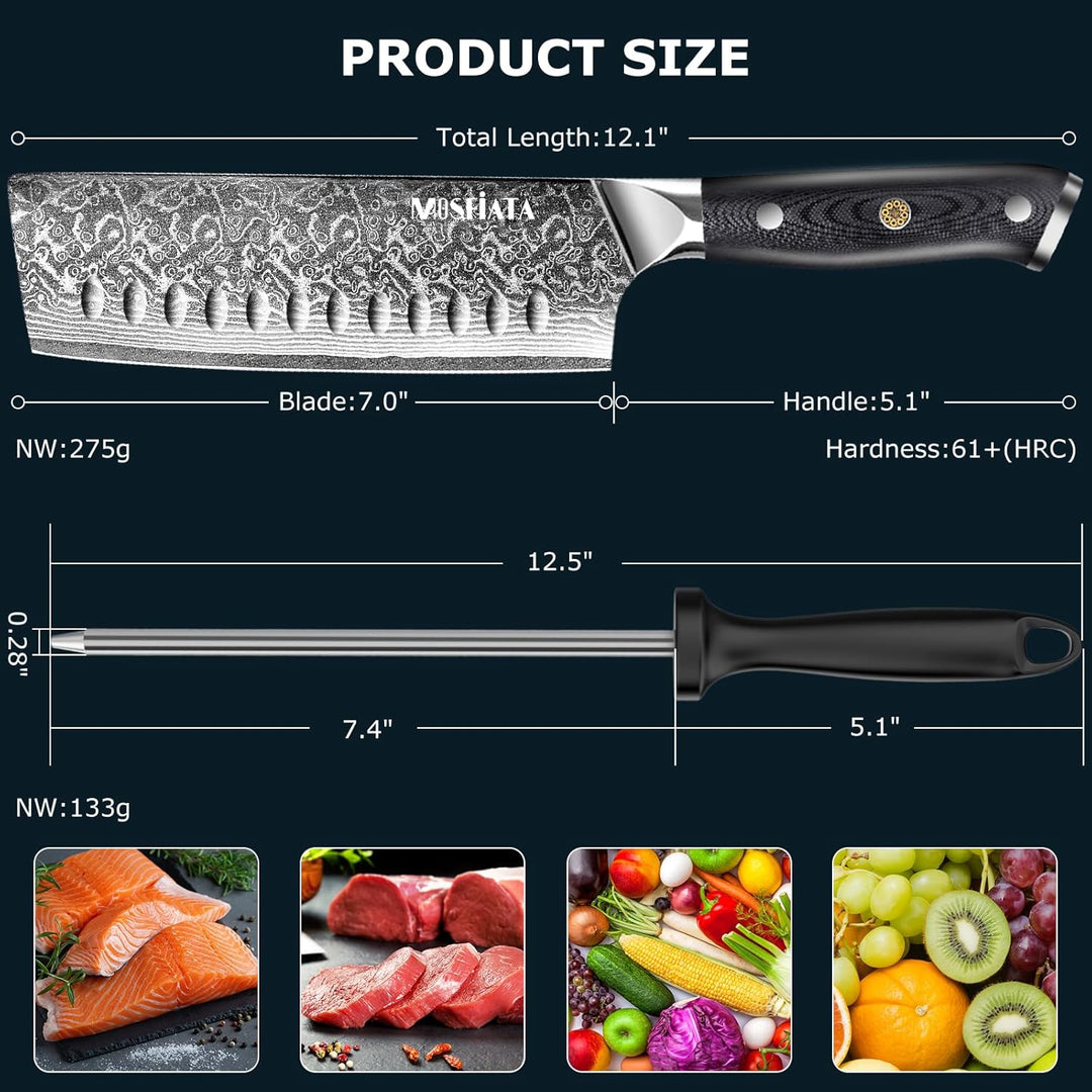 MOSFiATA Damastmesser Nakiri messer 7 Zoll, Vatertagsgeschenk für Papa, Kochmesser Damast Küchenmess