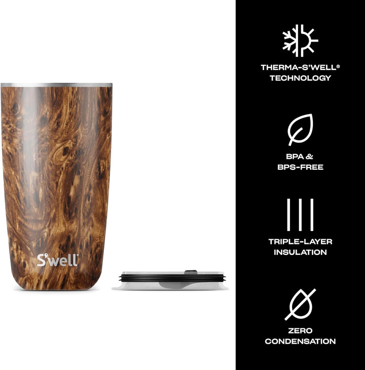 S'well Tumbler mit Deckel, 530ml, Teakholz, BPA/BPS-freier vakuumisolierter, dreifach isolierter Rei