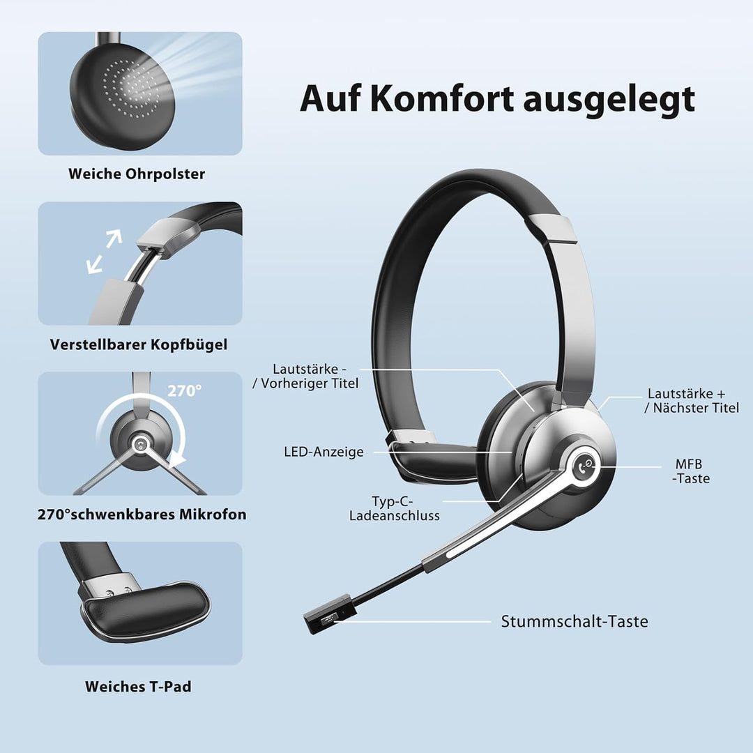 Bluetooth Headset mit Mikrofon，Kabelloses Headset mit USB Dongle & Ladestation, Wireless Office Head
