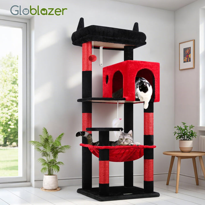 Globlazer Kratzbaum Schwarz Rot mit Extragrosse Hängematte 45*40cm, Grosse Katzenhaus, Gepolsterte P