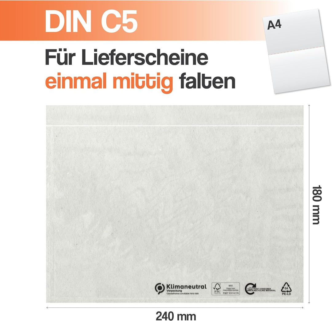 Lieferscheintaschen selbstklebend C5 - Transparente Versandtaschen 100 Stück - Dokumententasche für