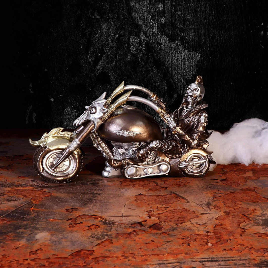 Nemesis Now Wheels of Steel Steampunk Motorrad-Skelett-Figur, 29 cm, silberfarben