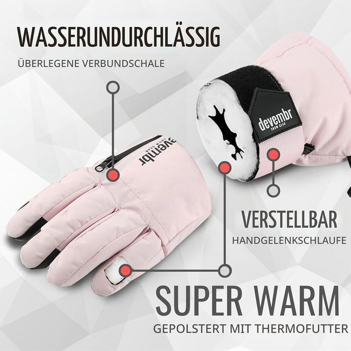 devembr Skihandschuhe mit Handgelenkschützern, Warme Snowboardhandschuhe für Herren und Damen (XS/S/