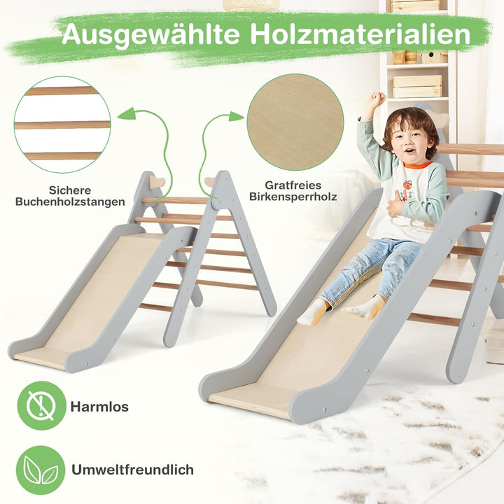 DREAMADE 2 in 1 Kletterdreieck mit Rutsche, Kletterspielzeug Holzdreieck Sprossendreieck Klettergerä