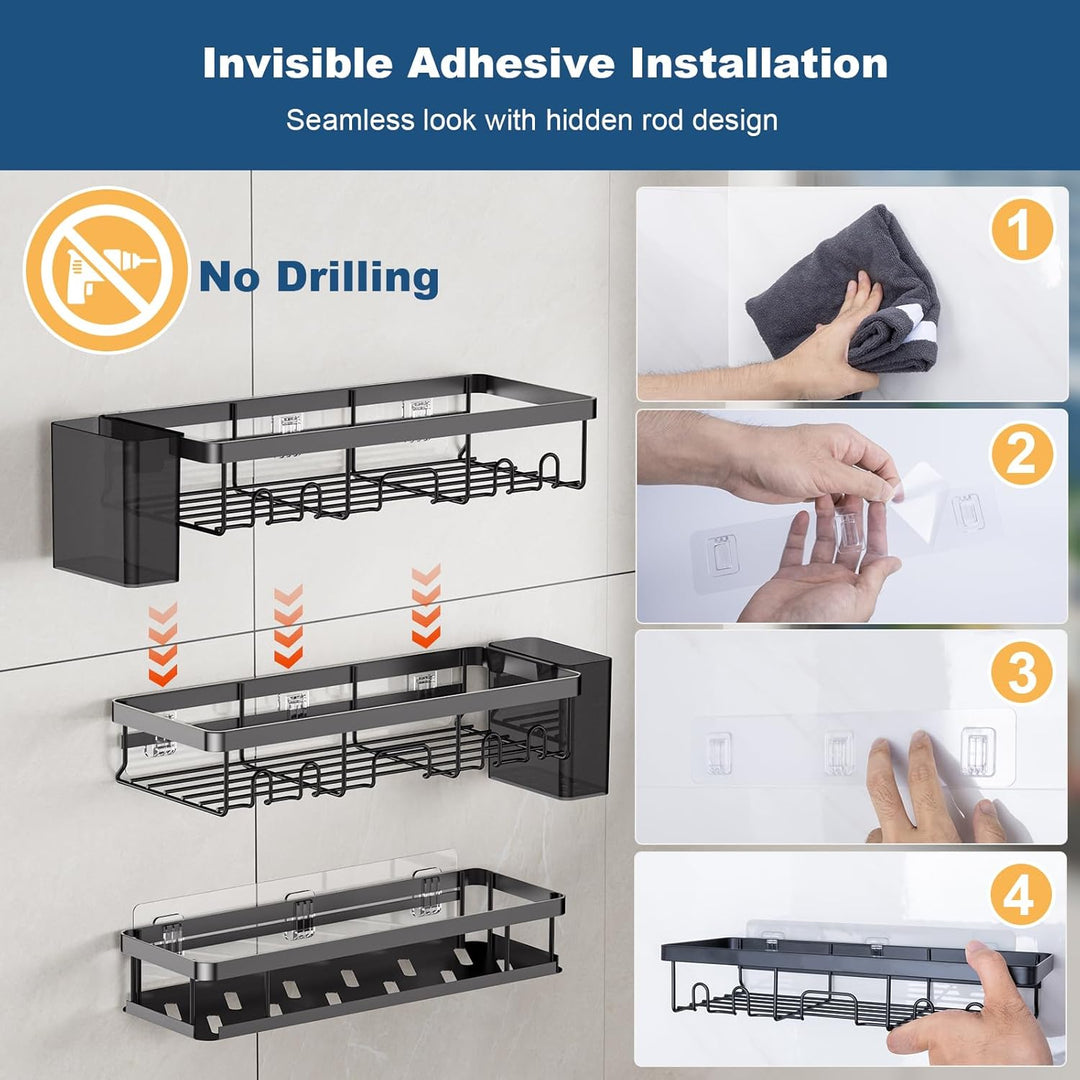 YEAUPE PRO Duschablage ohne Bohren – 5 Stück Badezimmer Organizer Set in Schwarz | 2 Schnell trockne