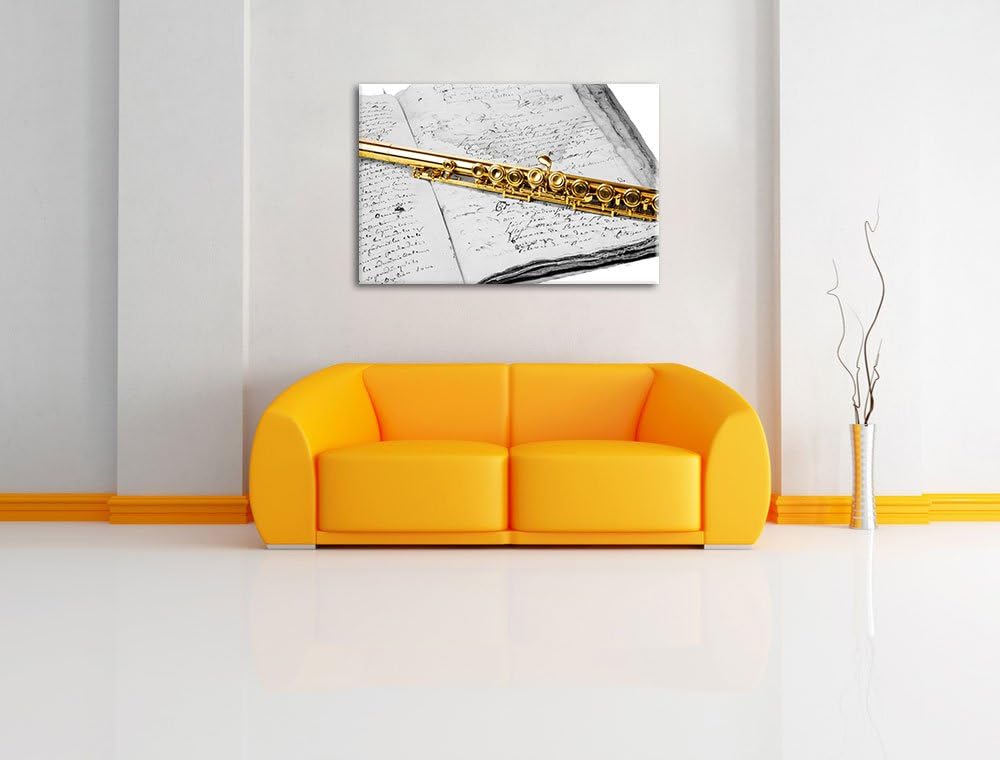 schöne Querflöte auf altem Buch schwarz/weiss Format: 100x70 auf Leinwand, XXL riesige Bilder fertig