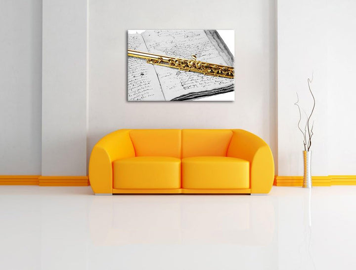 schöne Querflöte auf altem Buch schwarz/weiss Format: 100x70 auf Leinwand, XXL riesige Bilder fertig