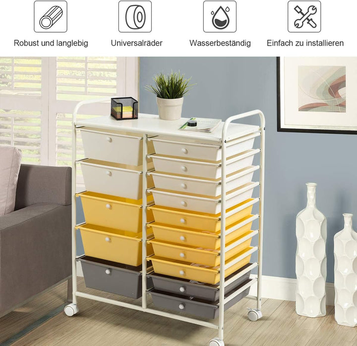 COSTWAY Rollwagen mit 15 stapelbaren Schubladen, Schubladenwagen Rollcontainer mit Metallgestell und