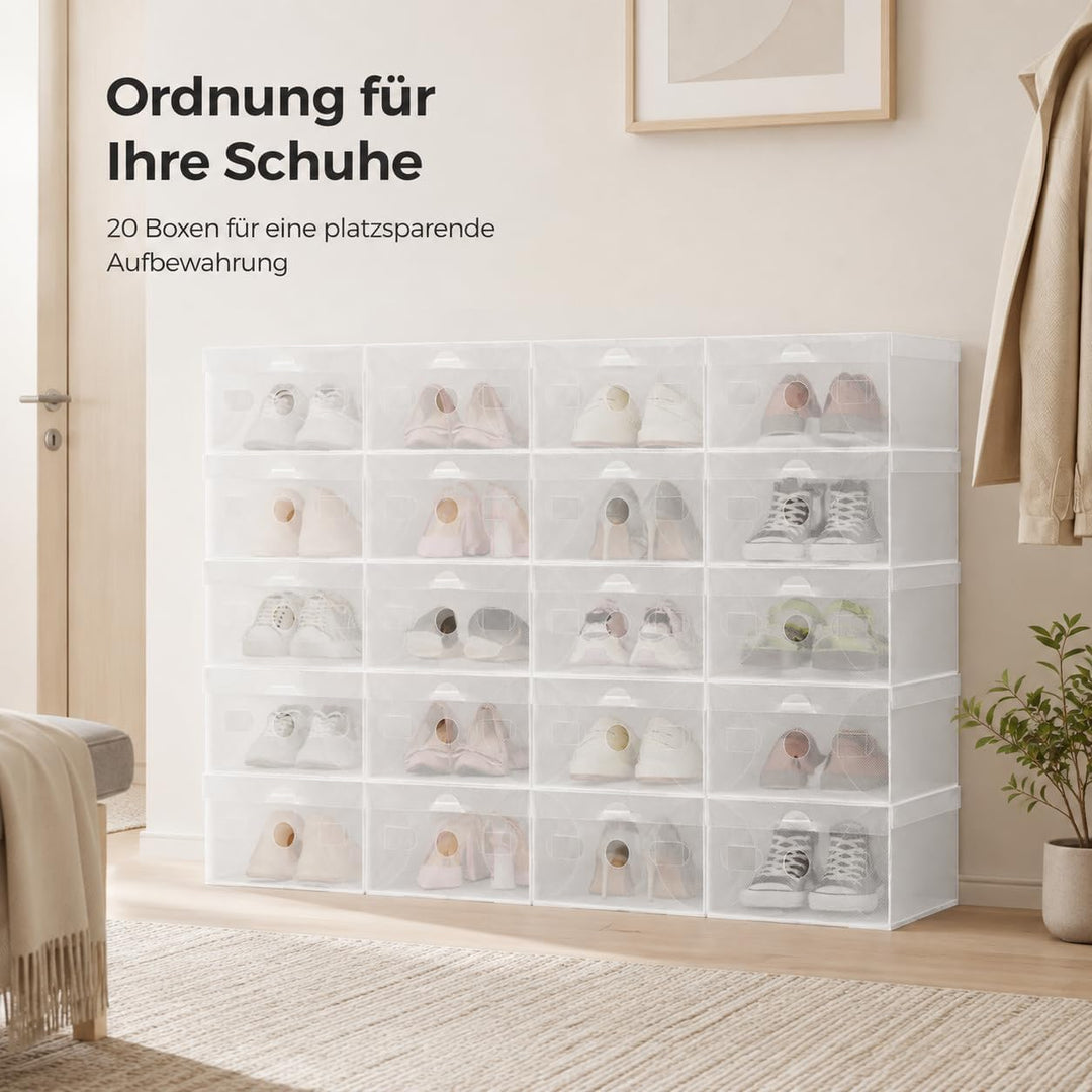 20 Stück Transparent Schuhbox Organizer Stapelbar Schuhaufbewahrung Klappbar Schuhboxen Kunststoff S