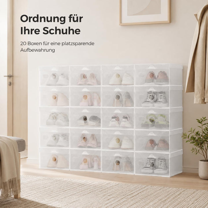 20 Stück Transparent Schuhbox Organizer Stapelbar Schuhaufbewahrung Klappbar Schuhboxen Kunststoff S