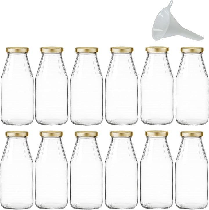 mikken 12 x Glasflasche 500 ml, Flasche mit Schraubverschluss gold inkl. Trichter