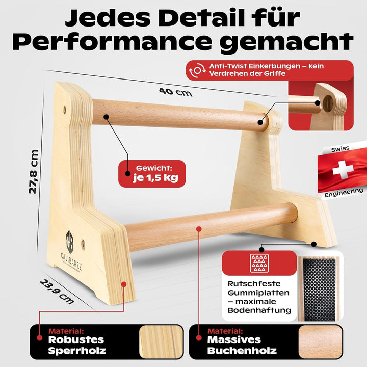 Calibarzz Parallettes & Liegestützgriffe aus Holz [3 Höhen] Push up Bars - Handstand Griffe - Dip Ba