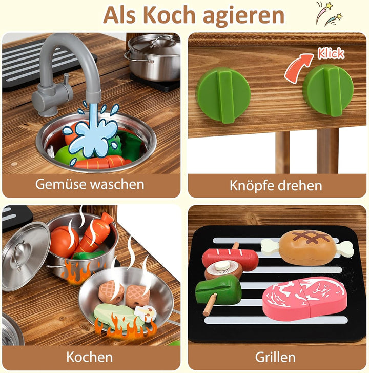 COSTWAY Matschküche Kinder Outdoor, Doppelseitige Kinderküche mit Dach, Schultafel, Spüle & Wasserha