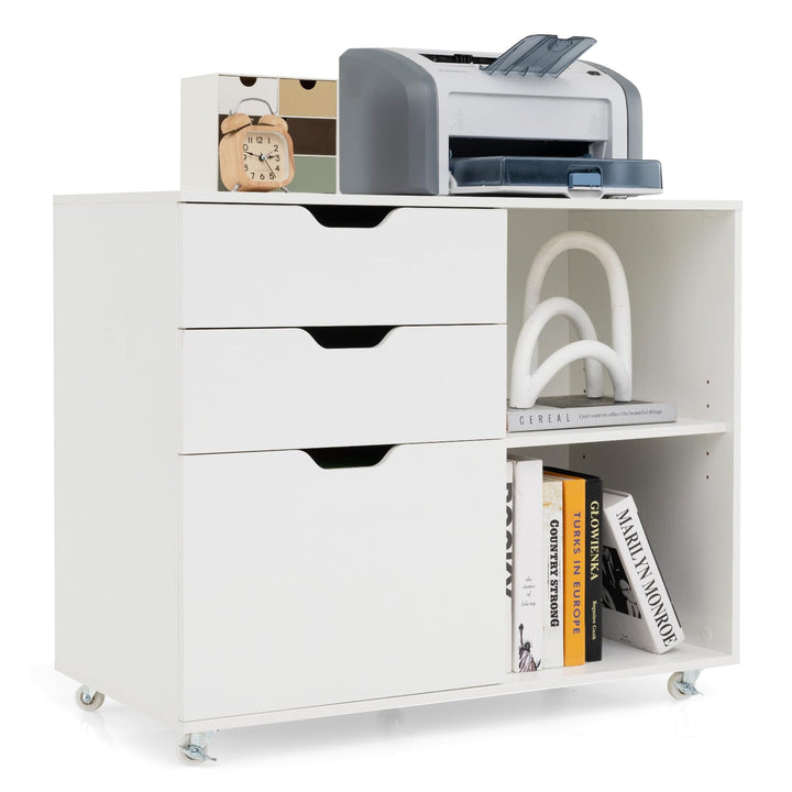 GOPLUS Rollcontainer, mobiler Aktenschrank mit 5 Rollen, 3 Schubladen und 2 offenen Fächern, Beistel