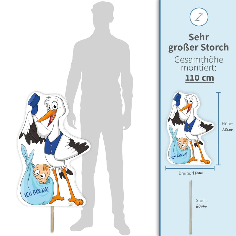 Storch zur Geburt Baby, Junge blau I 110 cm I wetterfest für draussen I Set: Klapperstorch + Stab au