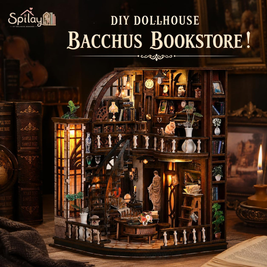 Spilay Miniatur Haus, Bacchus Bookstore 3D Holzpuzzle mit LED | DIY Miniature House Kit für Erwachse