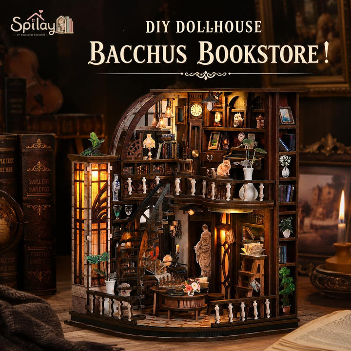 Spilay Miniatur Haus, Bacchus Bookstore 3D Holzpuzzle mit LED | DIY Miniature House Kit für Erwachse
