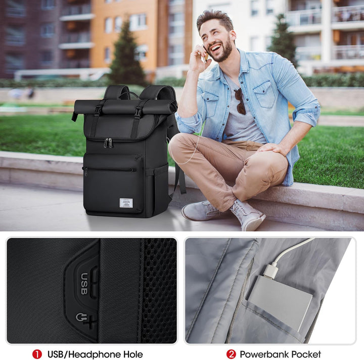 Lubardy Rolltop Rucksack Herren Damen Wasserdicht Rucksack Herren Laptop Rucksack 17,3 Zoll mit USB-