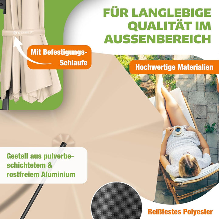 KESSER® Sonnenschirm Ampelschirm SUN Rund XL Ø330 cm Inkl. Abdeckung + Windsicherung 7-Fach Verstell