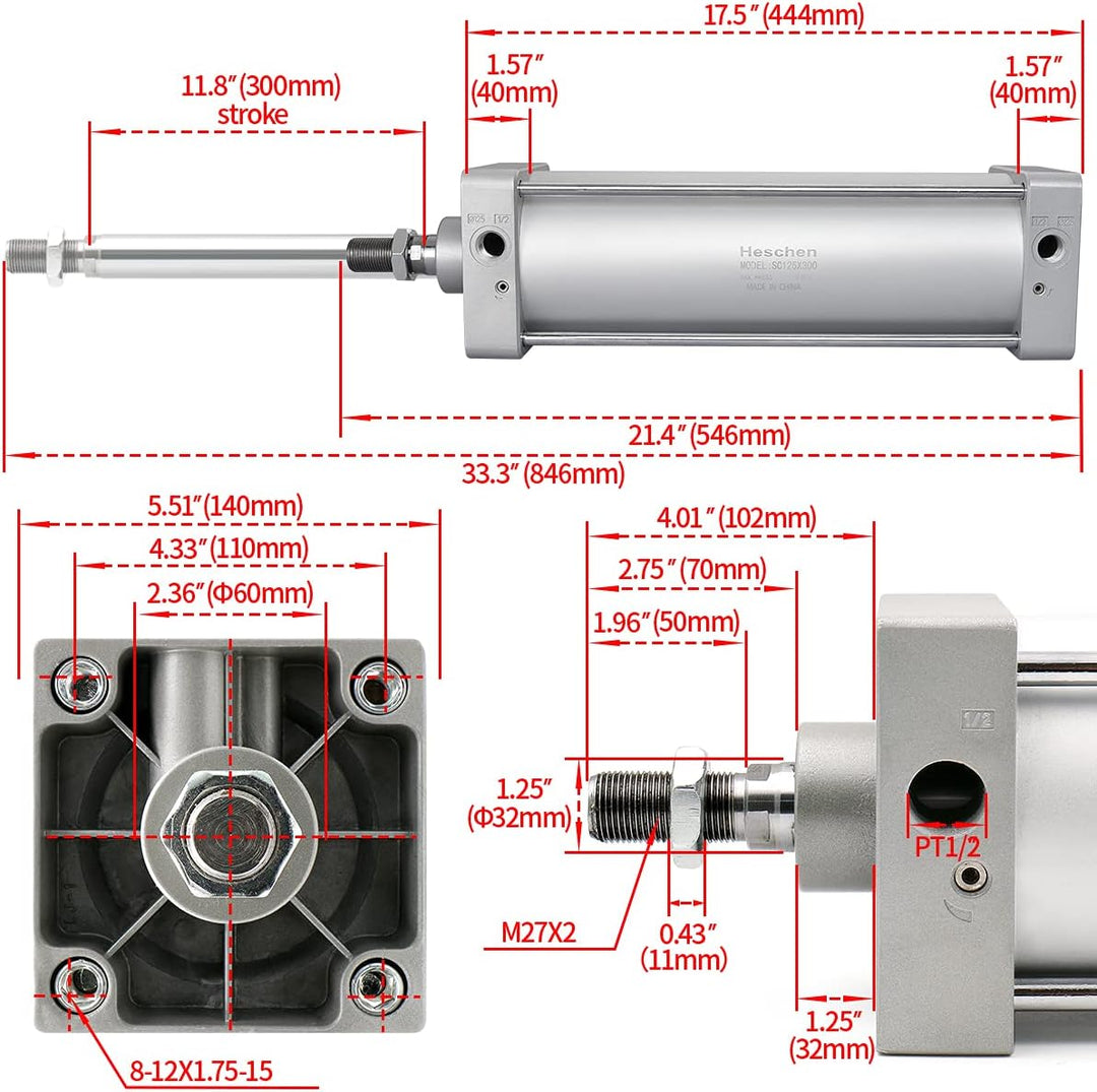 Heschen Pneumatischer Standard-Luftdruckzylinder, SC 125-300, PT1/2 Anschluss, 125mm Bohrung, 300mm