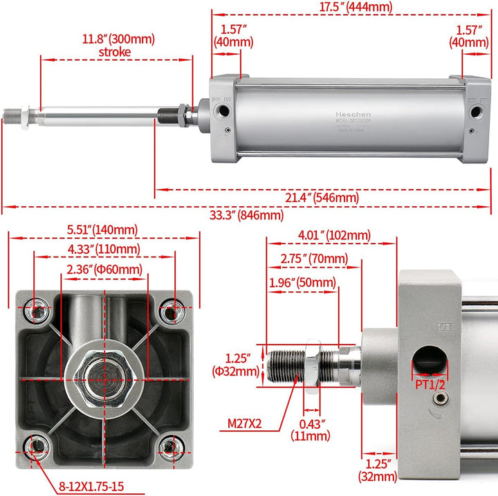 Heschen Pneumatischer Standard-Luftdruckzylinder, SC 125-300, PT1/2 Anschluss, 125mm Bohrung, 300mm