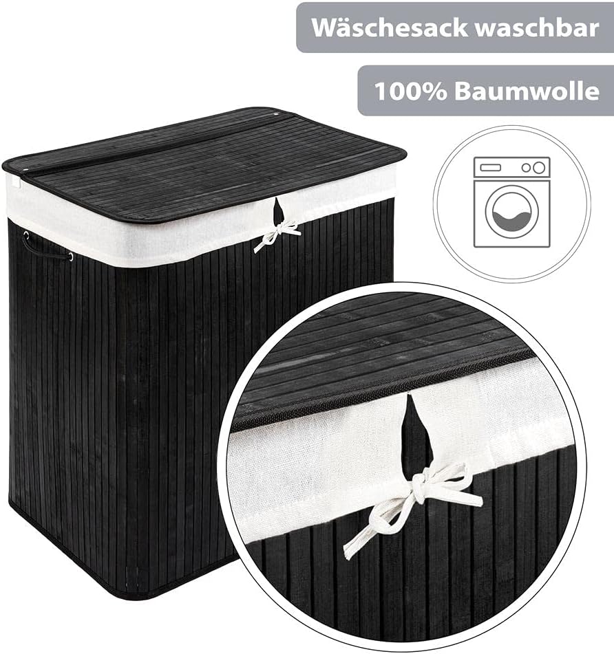 PANA®ECO Bambus Wäschekorb mit Deckel - 72 L, 40x30x60 cm - Farbe: Schwarz | Herausnehmbarer Wäsches