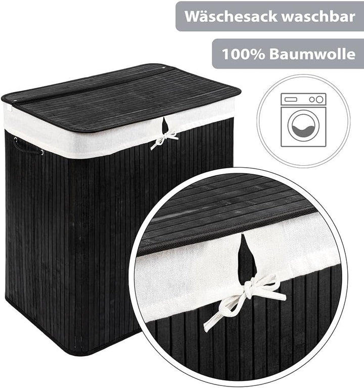 PANA®ECO Bambus Wäschekorb mit Deckel - 72 L, 40x30x60 cm - Farbe: Schwarz | Herausnehmbarer Wäsches