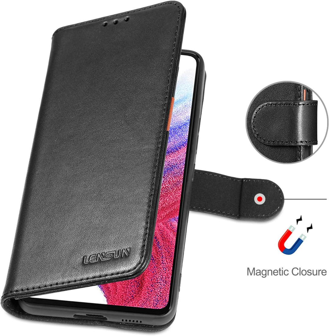 LENSUN Echtleder Hülle für Samsung Galaxy A53, Handyhülle [Echtes Leder] [Magnetverschluss] [RFID Sc