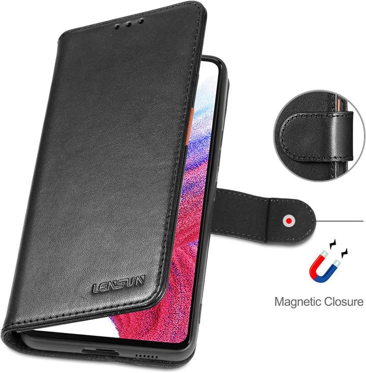 LENSUN Echtleder Hülle für Samsung Galaxy A53, Handyhülle [Echtes Leder] [Magnetverschluss] [RFID Sc