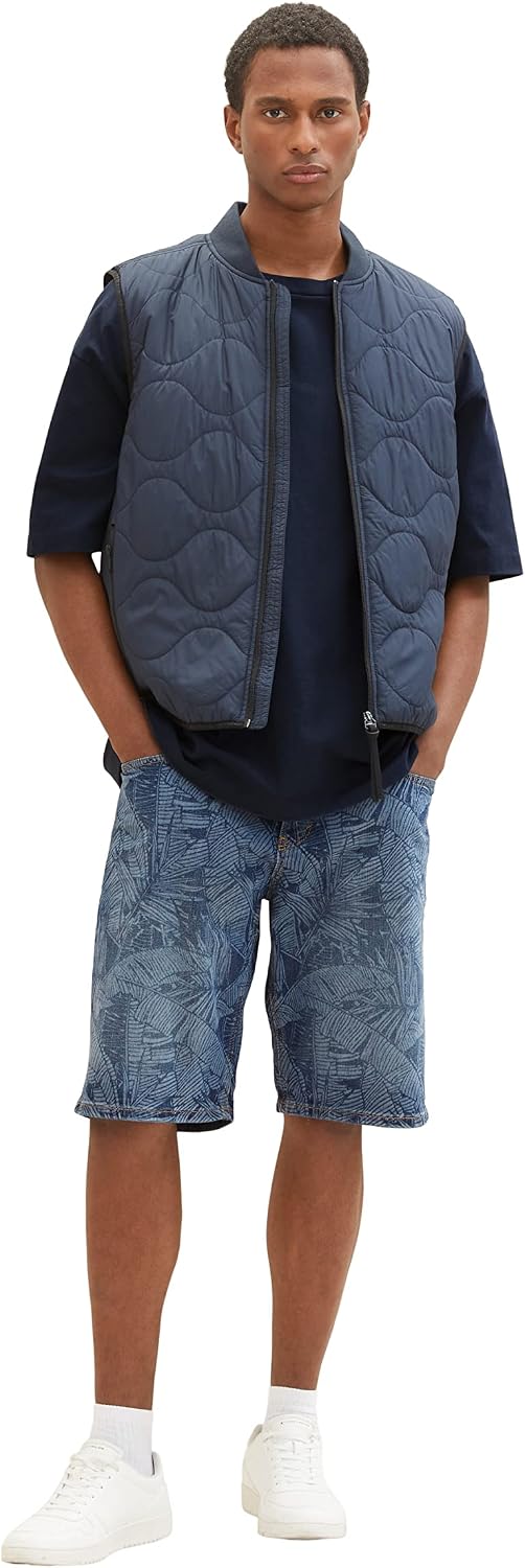 TOM TAILOR Herren Relaxed Fit Jeans Bermuda Shorts mit Palmen-Print 33 31749 - Dark Banana Leaf Laze