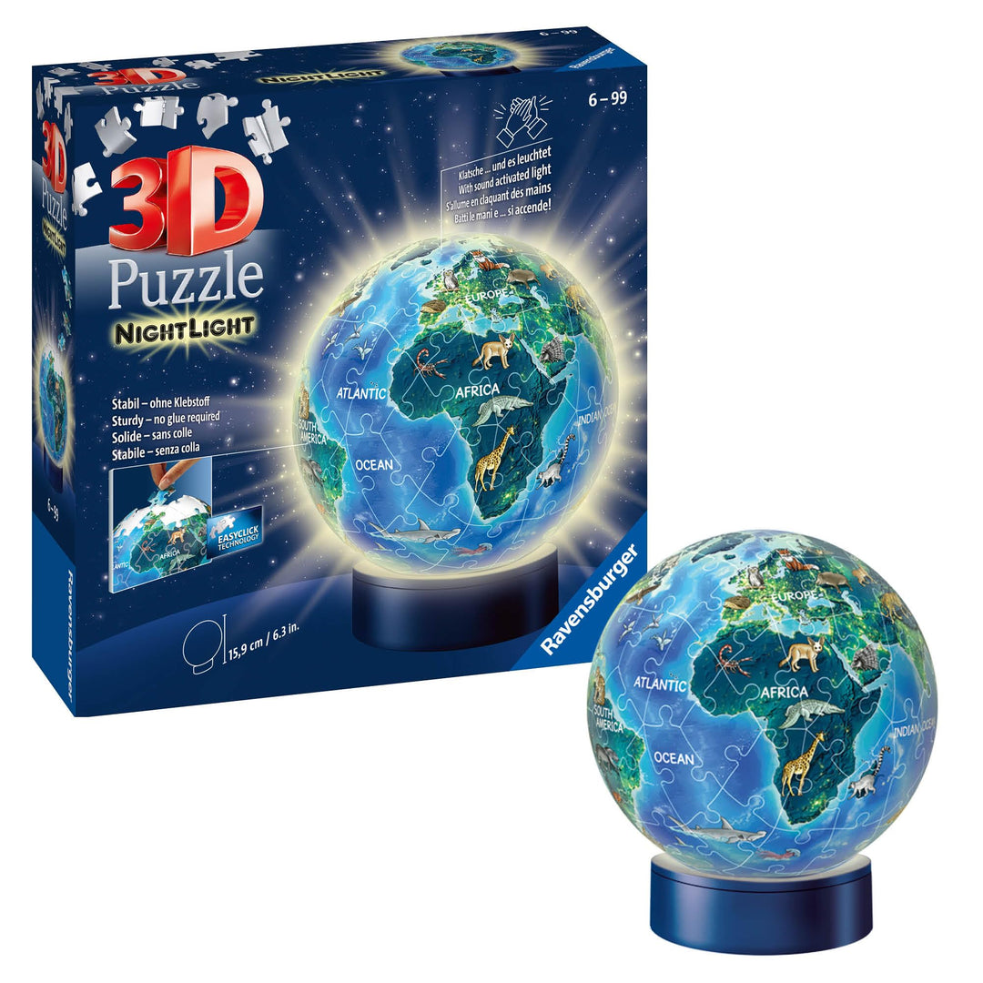 Ravensburger 3D Puzzle 11844 - Nachtlicht Erde bei Nacht - Puzzle-Ball Kinderglobus mit LED Leuchtso