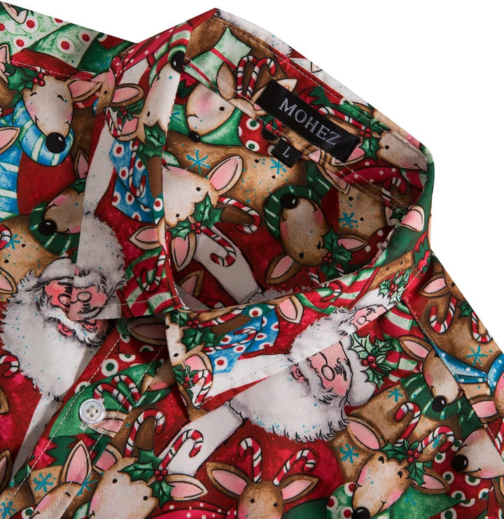 MOHEZ Herren Funky Christmas Print Weihnachtshemd Langarm Button Up Freizeithemd Rentier Santa Schne