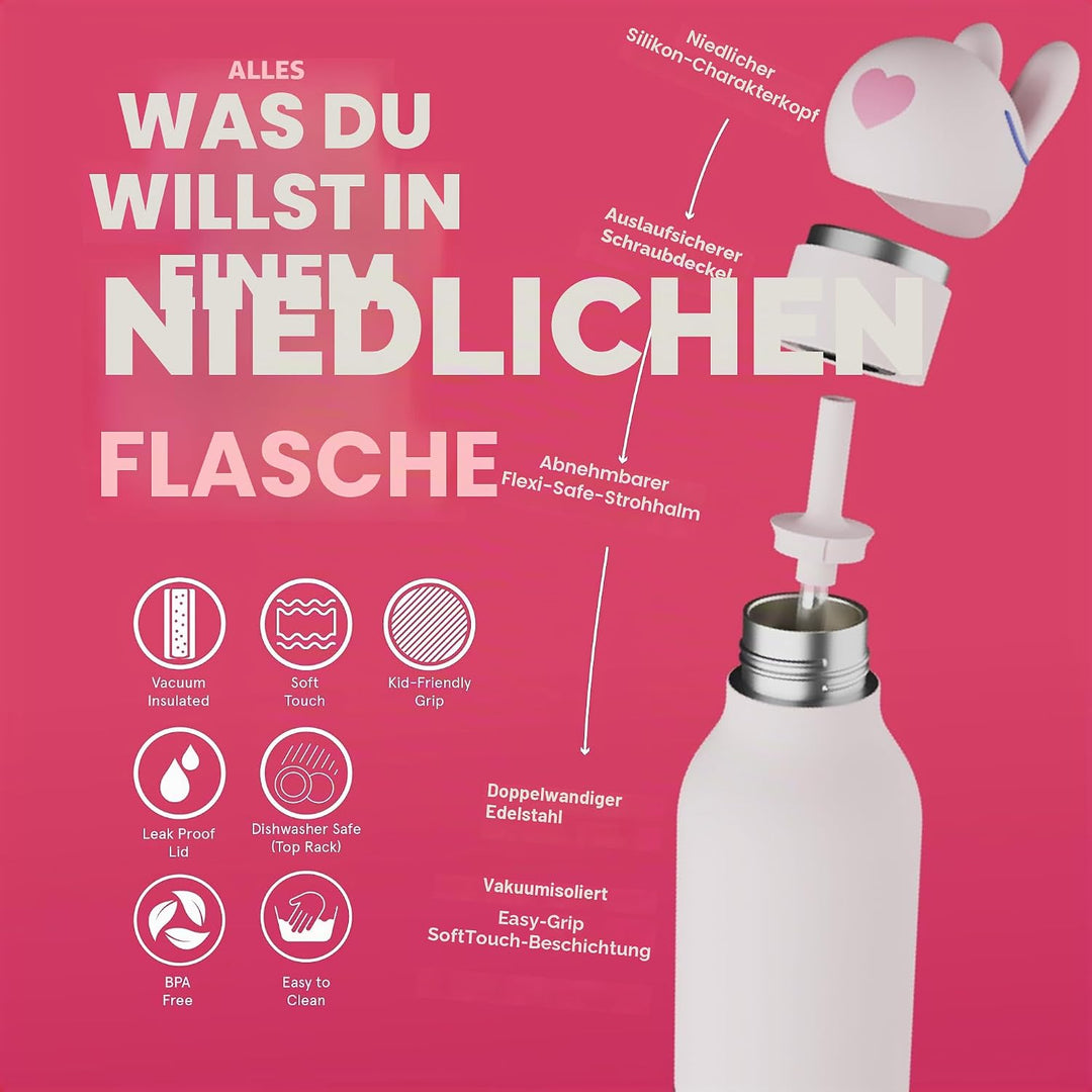 ASOBU Bestie Kindertrinkflasche mit Strohhalm – Isolierte Edelstahlflasche 420ml mit Hasenkopf – Aus