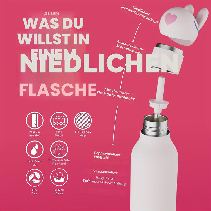 ASOBU Bestie Kindertrinkflasche mit Strohhalm – Isolierte Edelstahlflasche 420ml mit Hasenkopf – Aus