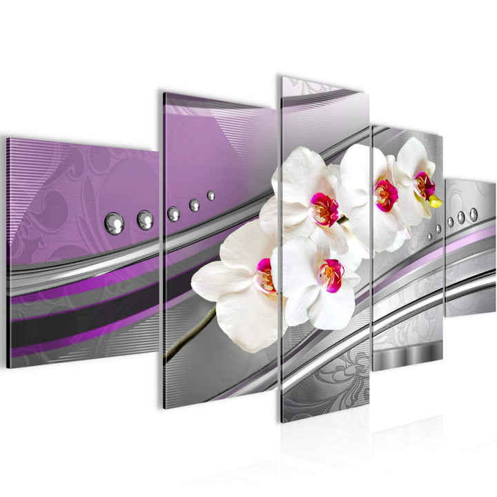Runa Art Wandbilder Blumen Orchidee 5 Teilig Bild auf Vlies Leinwand Deko Wohnzimmer Perlen Grau Vio