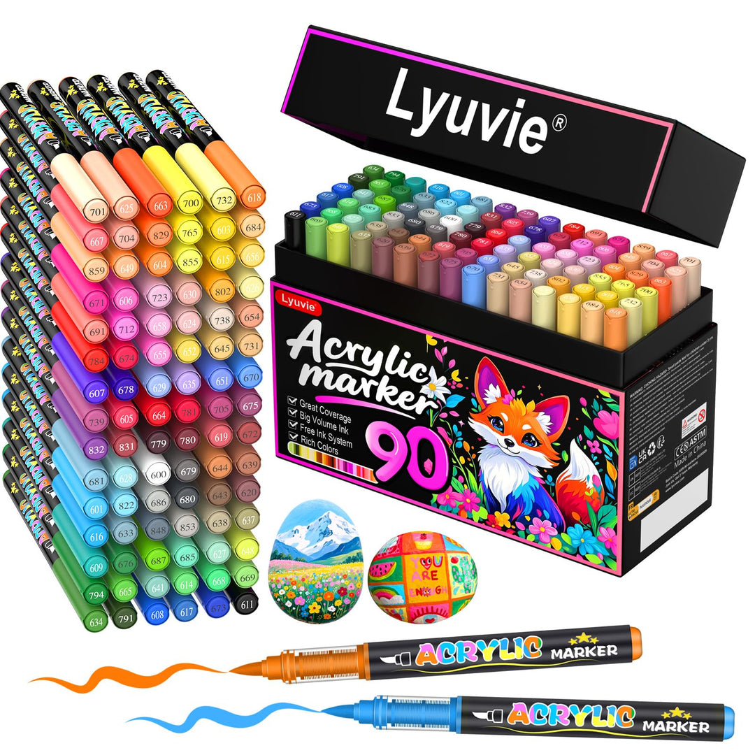 Lyuvie 90 Farben Acrylstifte für Steine WasserfestSet, Permanente Acrylic Paint Brush Marker Acrylst