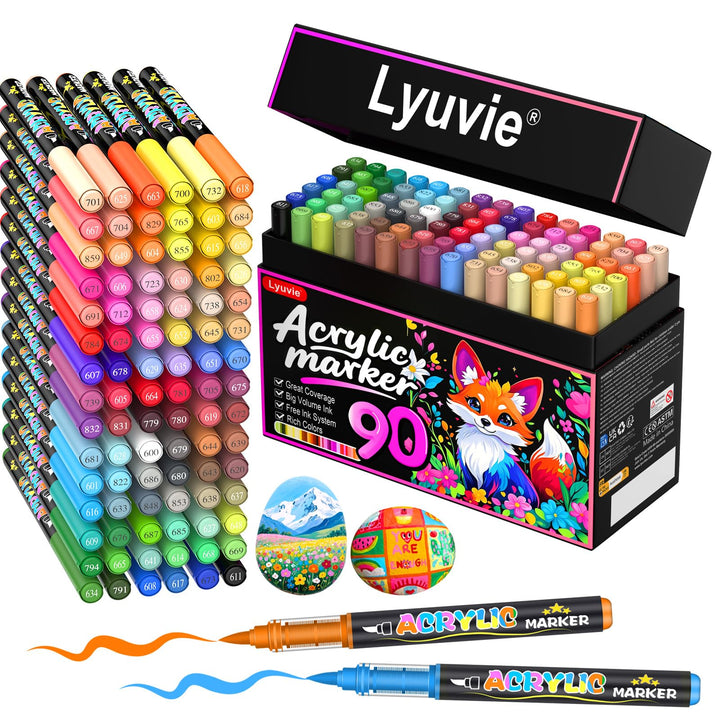 Lyuvie 90 Farben Acrylstifte für Steine WasserfestSet, Permanente Acrylic Paint Brush Marker Acrylst