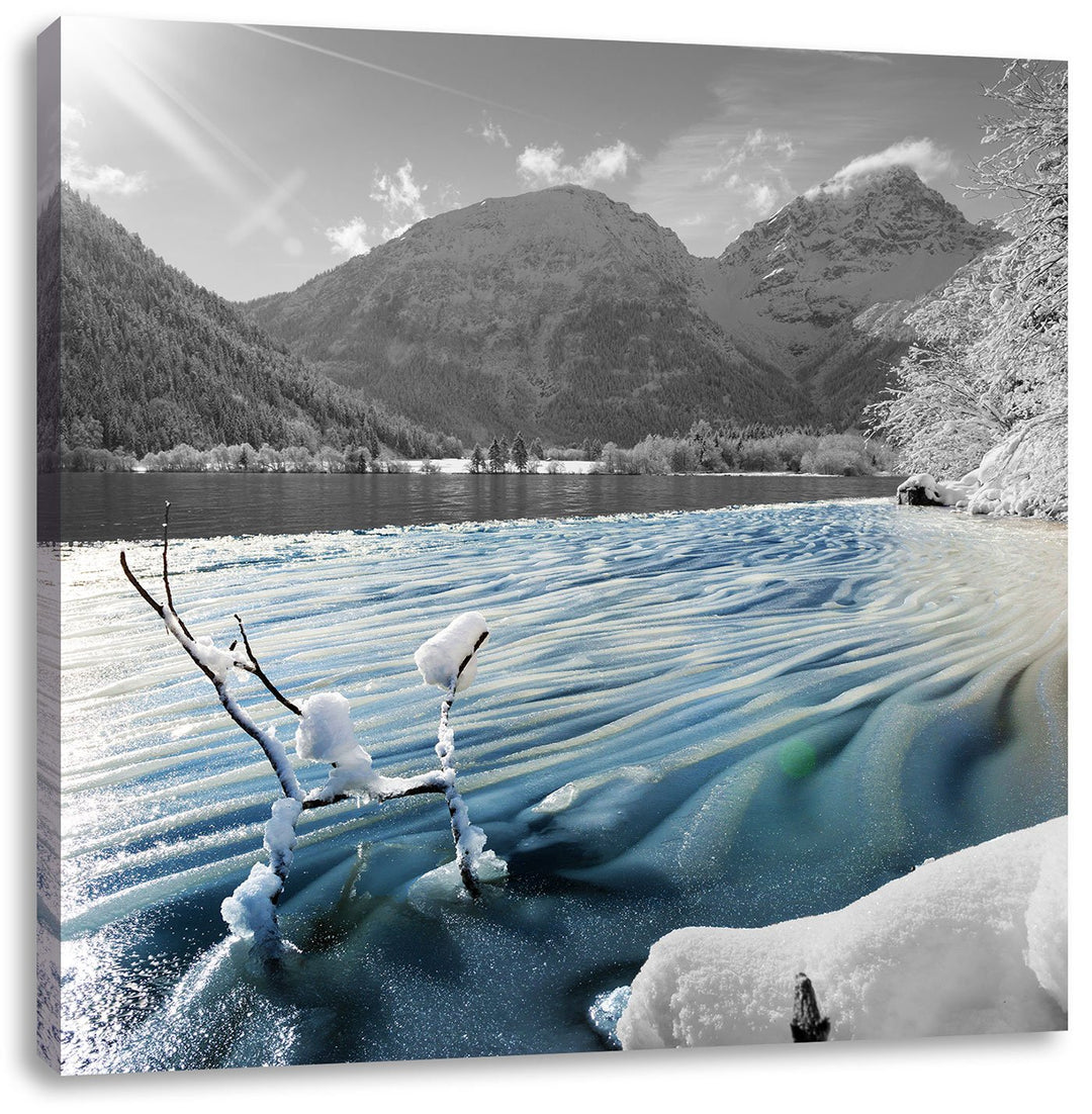 Pixxprint See im Winterwald als Leinwandbild Quadratisch/Grösse: 70x70 / Wandbild/Kunstdruck/fertig