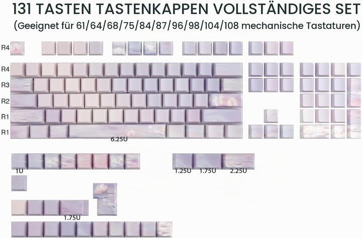 Sunzit PBT Keycaps 130 Tasten Custom Keycaps Cherry Profile Dye-Sub Tastenkappen Set Monet Seerosen
